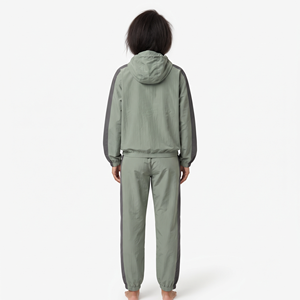 Women's Oversized Nylon Full <b>Zip</b> Cropped Tracksuit Long Sleeve Contrast Jacket Side Stripe Drawstring Pants Set - Product Image 2