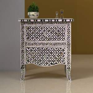 Stylish Bone Inlay Side <b>Drawer</b> Bedside Cabinet Handmade Wooden <b>Storage</b> Table With Decorative Artisan Pattern - Product Image 3