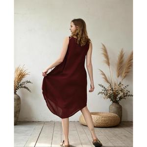 Premium Burgundy O-Neck Sleeveless Linen Cotton Mini <b>Dress</b> <b>Loose</b> Fit Casual Summer <b>Dress</b> With Pockets Women's Maxi <b>Dress</b> - Product Image 5