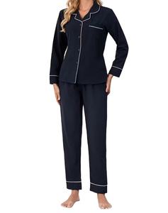 Pijamas de Invierno para Mujer, Primavera/Otoño, Manga Larga, Color Azul Marino Sólido, Cuello Camisero, Nuevo Conjunto Holgado para Estar en Casa, Talla Grande - Product Image 4