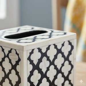 Handmade Black & White Bone Inlay Tissue <b>Box</b> Cover | Decorative Tissue Holder Cover, <b>Floral</b> Geometric Square Tissue Holder - Product Image 2