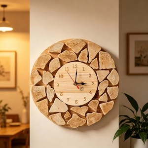 Horloge murale en bois rustique artisanale luxueuse, ronde, analogique, à quartz, silencieuse, décoration de salon - Product Image 1