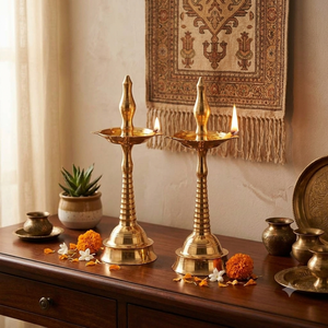 Traditional Brass Kuthu Vilakku Pillar <b>Oil</b> <b>Lamps</b> Pair Designer Hindu Pooja Stand Antique Gold Finish Home Temple Decor Products - Product Image 3