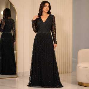 Vestido de Noche Largo con Lentejuelas y Borlas Negras, Cintura Natural, Silueta en A, Cuello en V, Manga Larga, para Cóctel o Recepción - Product Image 1