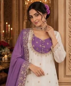 Women Traditional Indian Pakistani Silk Embossed All Seasons Wedding Dress <b>White</b> Purple Embroidered Floor-Length Salwar Set - Product Image 2