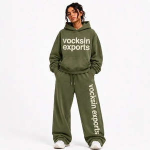 Vocksin Ensemble de survêtement unisexe vert olive, sweat à capuche oversize et pantalon large en coton épais, tenue streetwear premium à séchage rapide - Product Image 1