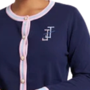 <b>Navy</b> Embroidered <b>Cardigan</b> with Pink and White Trim Button Front Knit Sweater Elegant Fashion Top for Women <b>Girls</b> Casual Daily - Product Image 3
