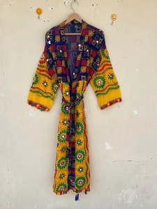 Bata Kimono con Estampado Artesanal, Diseño Único, para Boda o Uso Nocturno, 100% Algodón, Cuello en V, Cintura Elástica, Patrón de Dibujos Animados de Verano, Largo Completo - Product Image 5