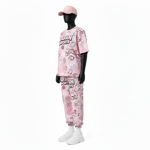 Ensemble deux pièces pour femmes, t-shirt en coton et polyester de haute qualité, 180 GSM, léger, imprimé graphique rose, logo personnalisé, ensembles pour femmes - Product Image 4