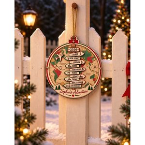Ornement de Noël personnalisé avec carte du monde, nom des villes et année, carte du monde en bois, souvenir - Product Image 1