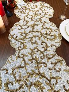 Embroidered Floral <b>Table</b> <b>Runner</b> Cream <b>Gold</b> Classic Style Home Decor Washable Cotton - Product Image 4