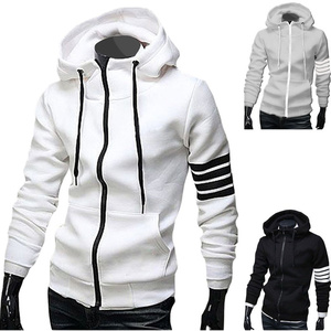 Sweat-shirt à capuche zippé blanc pour homme, coupe classique, décontracté, hiver, en coton tricoté, manches unies, respirant, imperméable - Product Image 2
