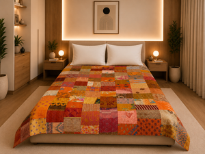 Couvre-lit en coton Patola patchwork taille Queen, couvre-lit indien de luxe, fait main, textile bohème, décoration intérieure réversible - Product Image 1