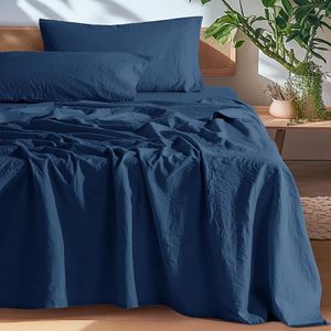 100% Linen Woven Modern Grade 4-Piece Bed <b>Sheet</b> <b>Set</b> Navy Blue Color 100TC Solid Pattern Eco-Friendly All-Season - Product Image 1