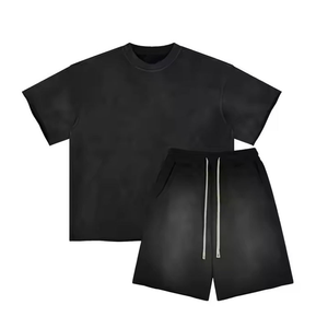 Ensemble T-shirt et short en molleton polyester/coton pour homme, qualité supérieure, col rond, décontracté, été, tissé, respirant, 2 pièces, unisexe - Product Image 1
