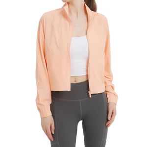 Women's Regular Fit 100% Nylon Four-Way Stretch <b>Yoga</b> <b>Jacket</b> with Front Logo Zipper Design Cropped Long Sleeve Sports Wear - Product Image 4