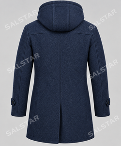 Manteau long en laine bleue pour homme avec capuche, col à revers cranté, double boutonnage, fermeture éclair, trench-coat - Product Image 5