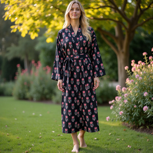 ชุดเดรสกิโมโนพิมพ์ลาย Buti สีดำและแดงสำหรับผู้หญิงขนาดใหญ่พิเศษดูเรียบง่ายแต่ดูซับซ้อน - Product Image 2