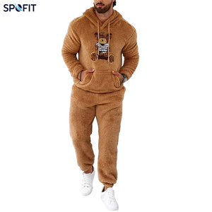 SPOFIT Men's Fleece Sherpa Tracksuit <b>Teddy</b> Bear Print Hoodie & Jogger Pants <b>Set</b> Plush <b>Lounge</b> wear Two Piece Outfit - Product Image 1