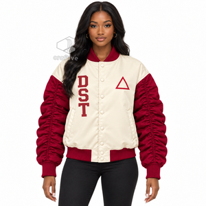 Delta | Sigma |   Chaqueta universitaria Theta para mujer con bloques de color, botones frontales con letras griegas, mangas abullonadas fruncidas, estilo bomber. - Product Image 5