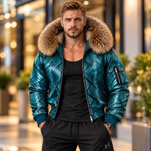 Men's Python Leather Casual <b>Jacket</b> with <b>Fur</b> <b>Hood</b> Luxury Winter Biker Outerwear | Herren Lederjacke | Chaqueta Hombre Cuero - Product Image 5