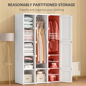 Armadio Portatile Pieghevole Bianco con Scaffali Cubici, Aste Appendiabiti e Porte Magnetiche - Organizzatore per Vestiti - Product Image 4