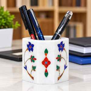 Porte-stylo en marbre blanc avec fleurs incrustées, support de stylo de bureau, organisateur de papeterie décoratif pour le bureau et la maison - Product Image 4