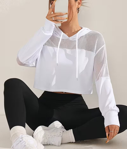 White Women's Hooded Crop Top Long Sleeve Mesh Panel Breathable Casual Sweatshirt Summer Knitted Solid Color - Product Image 2
