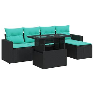 Ensemble de canapés de patio en polyrotin noir et acacia, 6 pièces, avec coussins, ensembles de jardin - Product Image 2