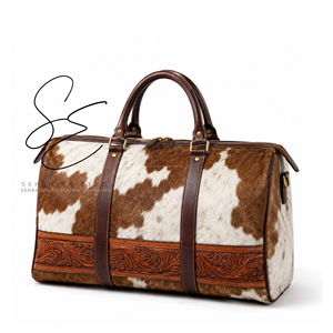 Brown White Cowhide Leather Duffle <b>Bag</b> Handmade Western Travel <b>Bag</b> Tooled Leather Weekender <b>Overnight</b> <b>Bag</b> for Women Men - Product Image 1