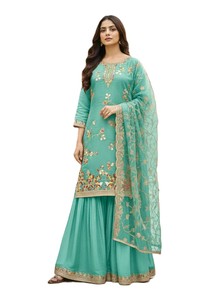Emerald, <b>Green</b> <b>Silk</b> Salwar Kameez Pakistani with Floral Embroidery Floor-Length Traditional Indian Wedding Wear Women's Party - Product Image 1