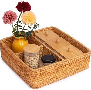 Plateau de rangement rectangulaire en rotin tressé à la main avec séparateurs pour l'organisation de table, design minimaliste, organisateur multi-compartiments - Product Image 1