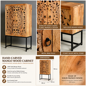 Armoire de rangement de chambre à coucher en bois de manguier massif sculpté à la main, grande capacité, avec portes à motifs floraux mandala et support en métal noir - Product Image 5