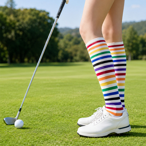 Made in Korea Women's Rainbow Stripe Knee-Length Polyester/Cotton Golf Sports <b>Socks</b> KG01 - Product Image 1