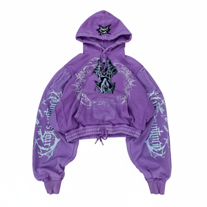 Hoodie court imprimé gothique Y2K personnalisé en molleton de coton épais violet pour homme, style streetwear - Product Image 1