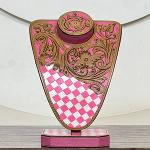 Soporte de exhibición de collares de cuero floral con estampado de tablero de ajedrez rosa, estilo occidental, duradero, tendencia 2026 - Product Image 3