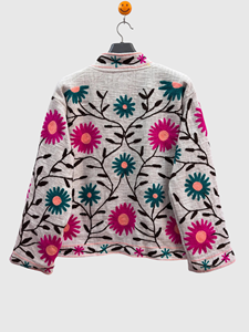 Veste en lin et coton brodée à la main, motif floral, manches longues, col mandarin, style Prairie Chic, pour adulte, tenue de printemps - Product Image 3