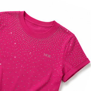 Luxury Bling Hotfix Crystal Crop Tee Y2K Aesthetic Fuchsia Short Sleeve Streetwear Custom Logo Women's Shirts Summer Boxy Top - Product Image 4