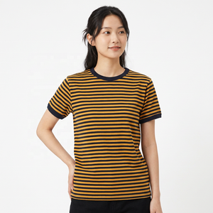 T-shirt à manches courtes en tricot rayé pour homme, col rond, coupe classique, vêtement décontracté, motif bleu marine et jaune - Product Image 4