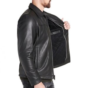 Chaqueta de Motociclista Impermeable de Piel de Oveja Negra para Hombre, Cierre de Cremallera, Corte Ajustado, Manga Regular, Sin Cuello, Ropa de Invierno - Product Image 3