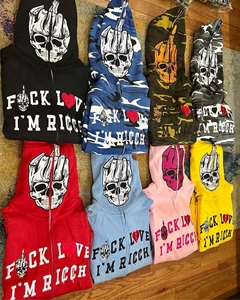 เสื้อฮู้ดซิปสีดำลายหัวกะโหลกสำหรับผู้ชาย สไตล์สตรีทแวร์ ผ้าฟลีซ เหมาะสำหรับใส่ในฤดูใบไม้ร่วง ทรงปกติ ผ้าฝ้ายเฟรนช์เทอร์รี่ - Product Image 6