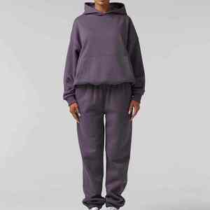 Custom Logo Heavyweight Fleece Hoodie and Joggers Set Unisex Muted Mauve Dusty <b>Purple</b> <b>Tracksuit</b> Oversized Casual Streetwear - Product Image 1