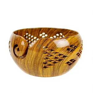 Wooden Yarn <b>Bowl</b> Rustic Carved Floral <b>Bowl</b> Design Design Durable Hand <b>Knitting</b> Crochet Holder with Cutout Feature - Product Image 3