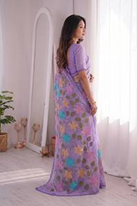 <b>Purple</b> Floral Embroidered Rayon <b>Saree</b> With Lace Border Traditional Indian Wear For Women All Seasons - Product Image 4