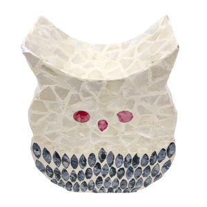 ประติมากรรม MDF รูปนกฮูกสูงที่มีรูปแบบการฝังโมเสก capiz สีเบจรูปแกะสลักสัตว์ทำด้วยมือสำหรับตกแต่งฮาโลวีนและบ้าน - Product Image 3