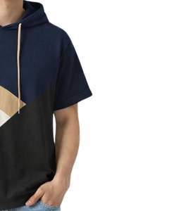 <b>Men</b> Short Sleeve Hoodie T Shirt <b>Navy</b> Beige Black Color Block Casual Pullover Hooded Top Soft Cotton Blend Summer Wear - Product Image 4