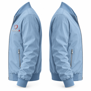 เสื้อแจ็คเก็ตบอมเบอร์น้ำหนักเบาสำหรับผู้ชายแบบ OEM สีฟ้าพาสเทล ผลิตจากไนลอน กันลม รับผลิตแบรนด์ส่วนตัว - Product Image 4