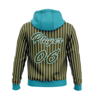 Haut de course à capuche pour homme, nouveau design, vert olive à fines rayures, avec accents turquoise et impression graphique numéro de joueur, le plus vendu - Product Image 2