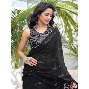 Saree de créateur avec paillettes brodées pour les fêtes et la carrière Vêtements de mariage élégants - Product Image 4