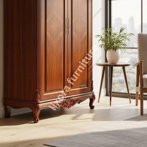 Armoire de luxe en bois massif artisanal à 2 portes, avec des sculptures florales ornées, finition en noyer de qualité supérieure - Product Image 3